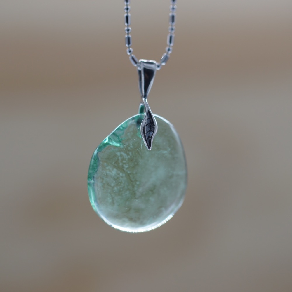 Recycled Wine Bottle Glass Necklace Light Green Sterling Silver Leaf Upcycle